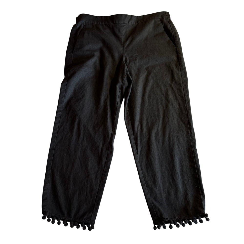 J.Crew Black Linen‎ Cotton Pom Pom Trim Cropped Pants Womens 12